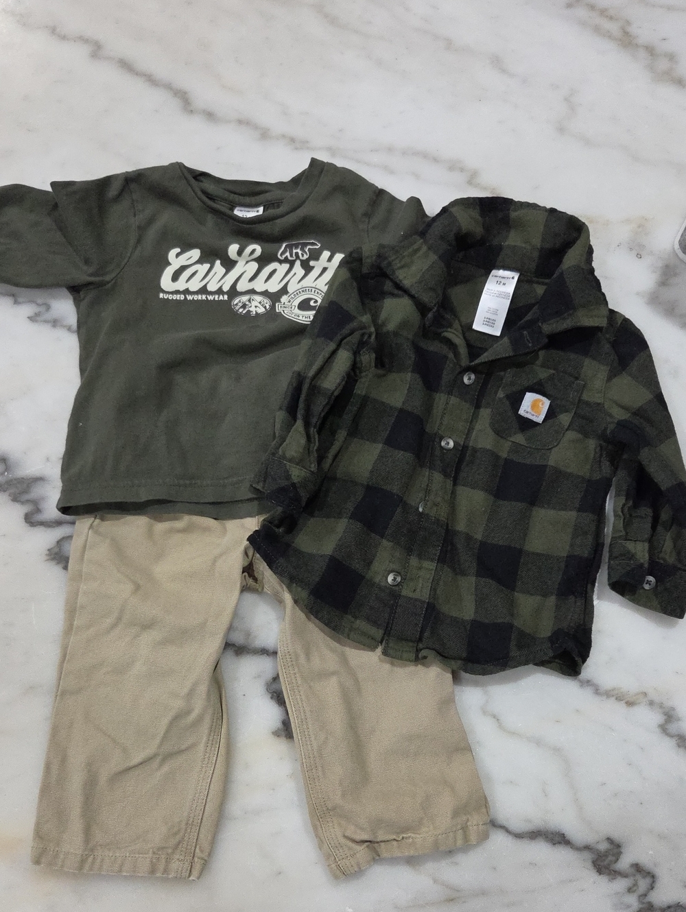 Carhartt Baby Boys 12M 3-Piece Outfit Plaid Flannel Shirt, Tee & Pants